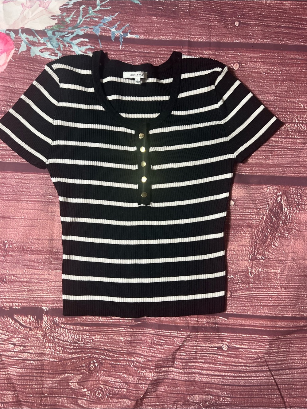 Love Tree Black and White Striped Ribbed Henley Crop Top